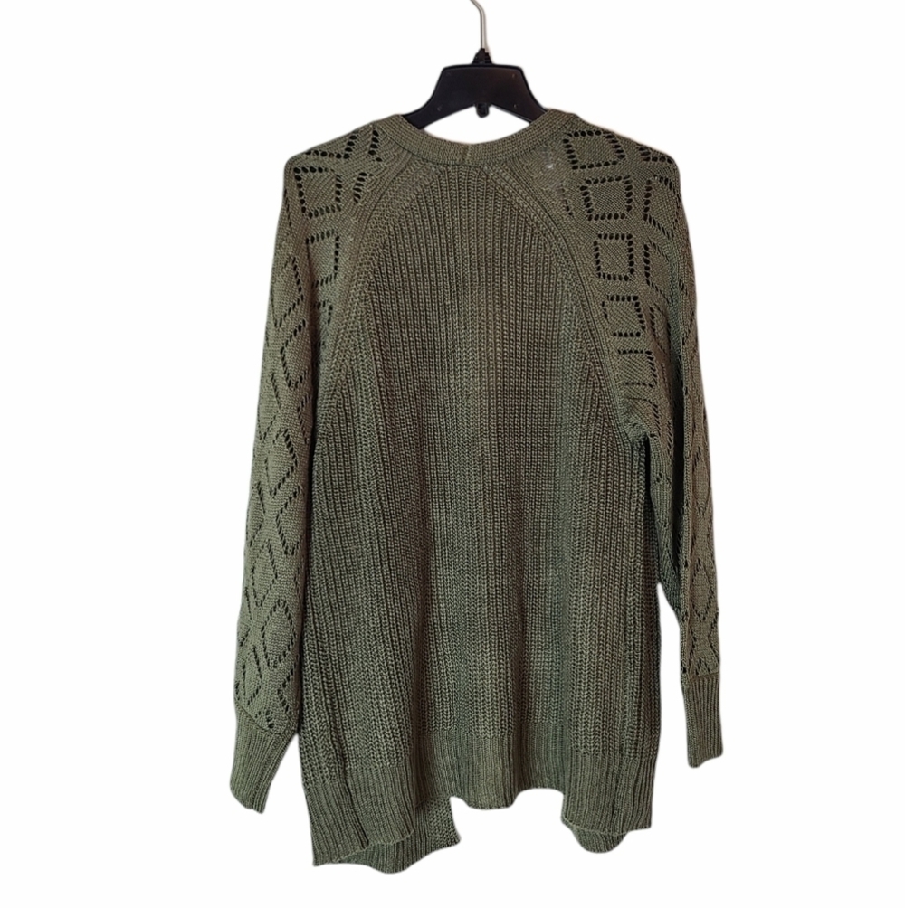 Marled Olive Green Cable Knit Open Front Cardigan Cozy Fall Boho Small NWT - Picture 7 of 9